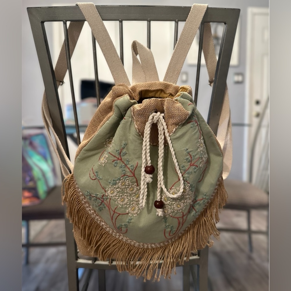 Earthbound Trading Embroidered Cotton Jute Floral Boho Backpack Hippie
